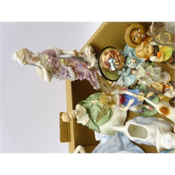  Royal Doulton and Coalport figurines, Goebel figure Charlot and two others, two Beswick Hounds, Dresden type figures, Sitzendorf porcelain figure of a mother and child, Aynsley Cottage Garden ceramics and miscelanea in one box  