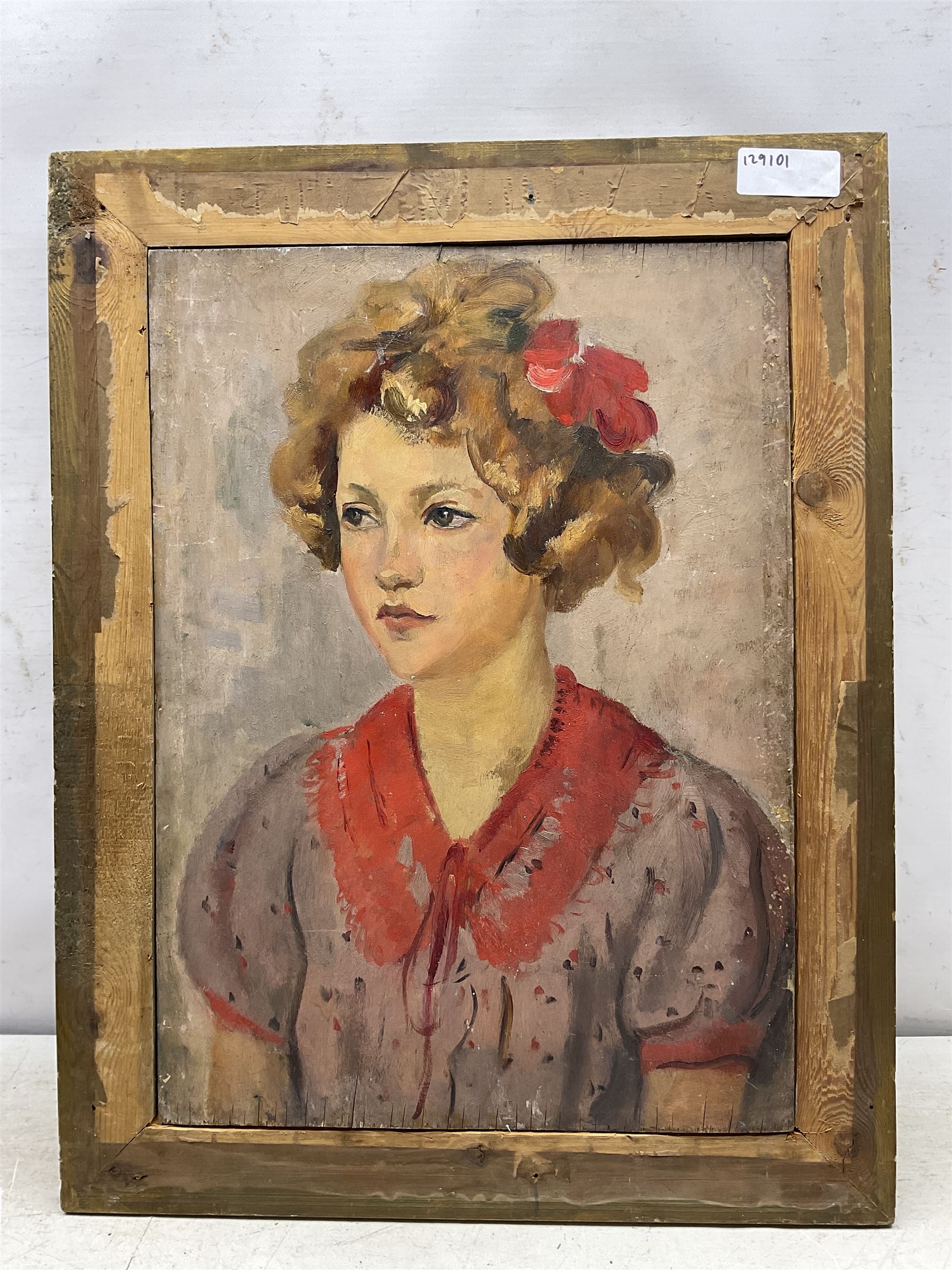 Philip Naviasky (Northern British 1894-1983): Still Life of Flowers in a Vase (recto) and Portrait of a Girl with a Bow in Her Hair (verso), two oils on board painted recto and verso, the former signed in pen 56cm x 41cm
