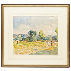 Muriel Metcalfe (Yorkshire 1910-1994): Hay Making, watercolour signed and dated 1930, titled on label verso 28cm x 32.5cm