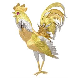18ct white, rose and yellow gold cockerel brooch with ruby set eye, maker's mark TAD, hallmarked