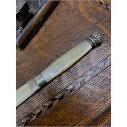 Antique postal scales, mother of pearl handled letter opener, twin handled tray with inlaid decoration and other miscellaneous items