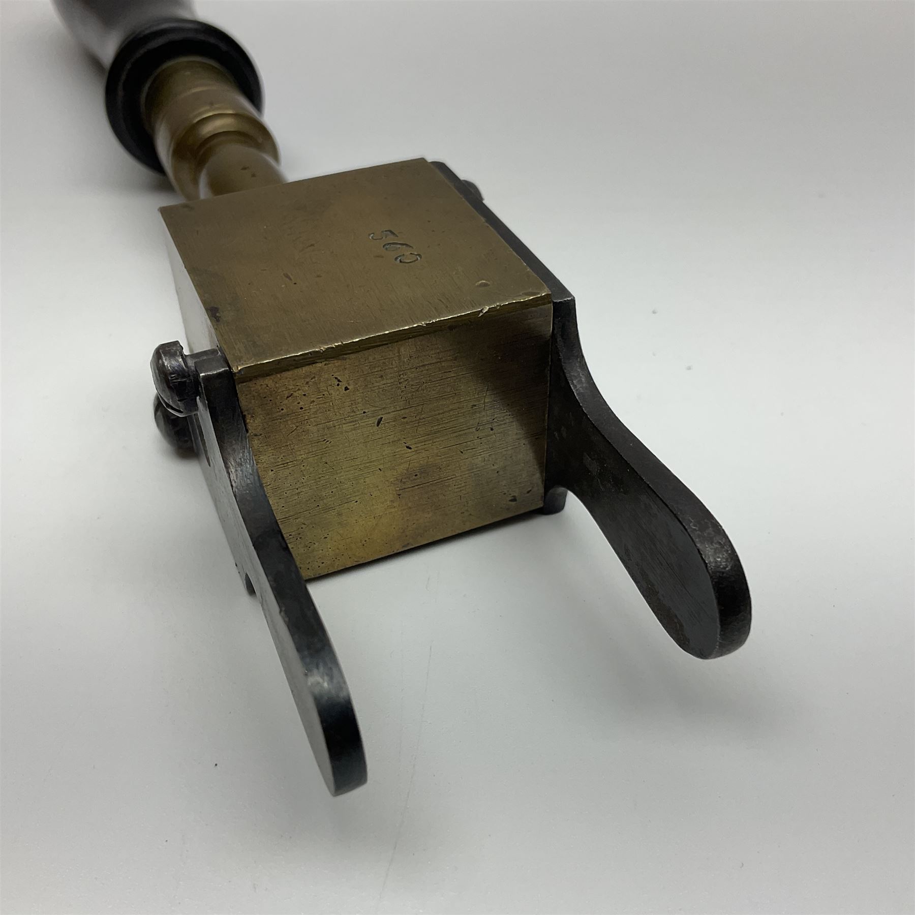 Late 19th/early 20th century brass 360 Express bullet mould for rifles, probably 360 x 2.25, with ebonised turned wooden handle L28cm