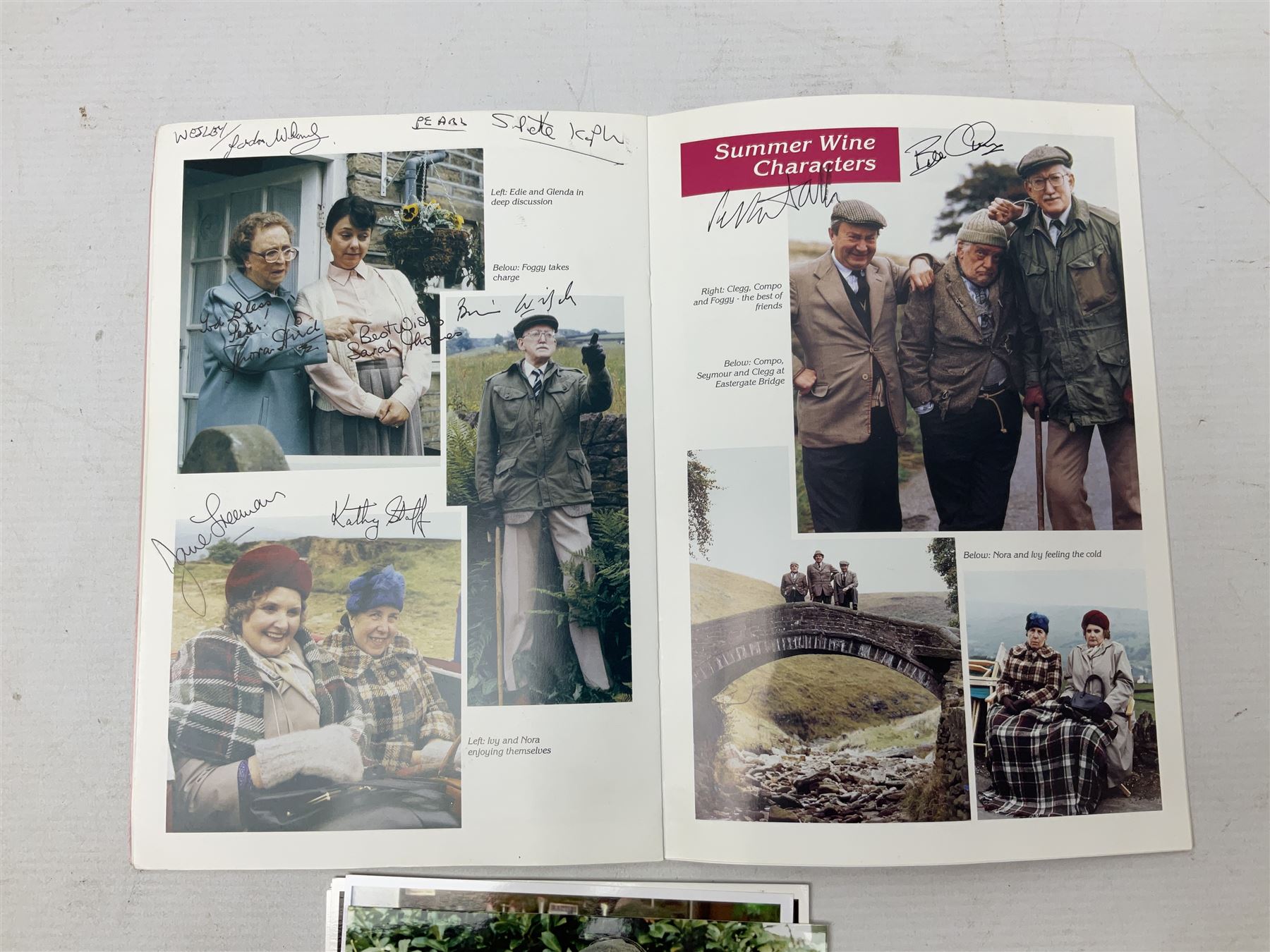 1949 England cricket team signatures including Hutton, Compton, Edrich, Laker etc on loose album page; and large quantity of other autographs of predominantly TV Soap Opera stars from Last of the Summer Wine, Eastenders, Emmerdale, Coronation Street, Heartbeat etc and other TV/Film personalities; on promotional photographs and clipped fragments of paper etc