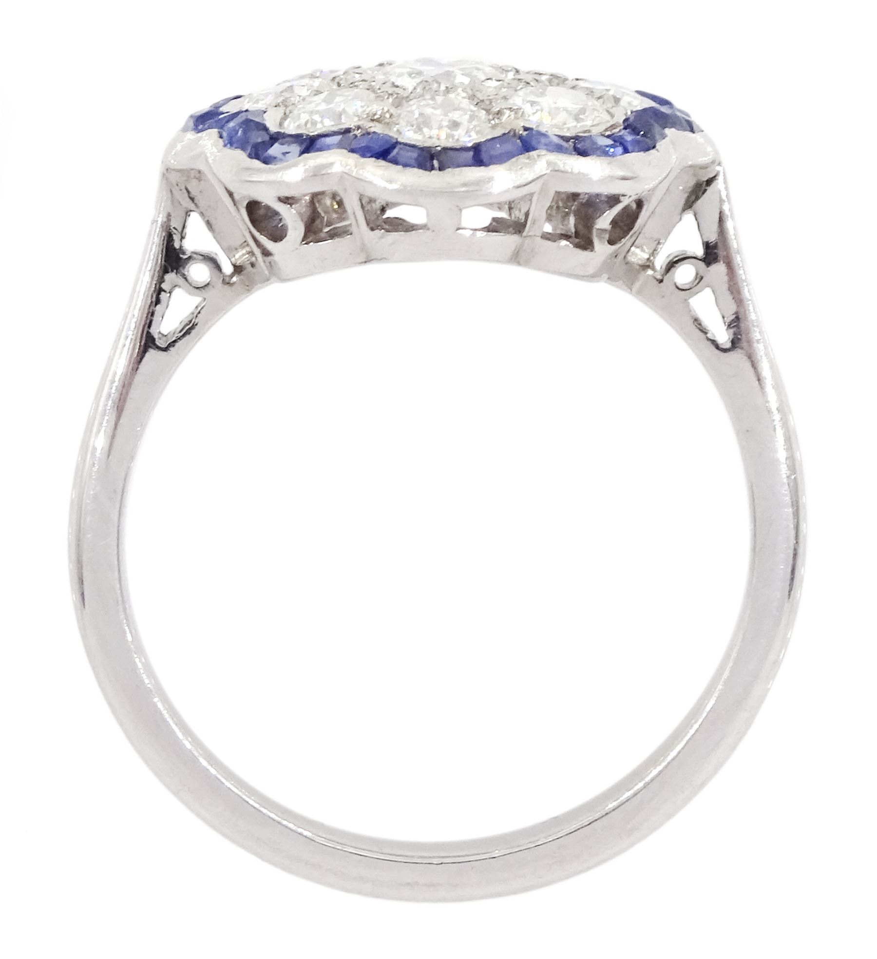 18ct white gold old cut diamond and calibre cut sapphire flower head cluster ring, total diamond weight approx 1.00 carat