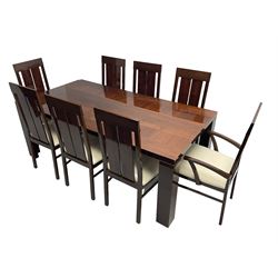 Large American walnut rectangular dining table on square block supports, together with set eight high back dining chairs with cream upholstered seats, the top and chair backs with matching inlaid geometric banding