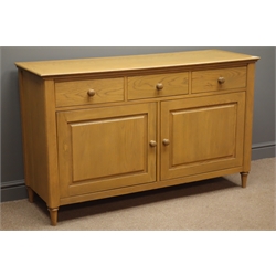  John Lewis solid light oak sideboard, three drawers, two panelled cupboards, W140cm, H86cm, D48cm  