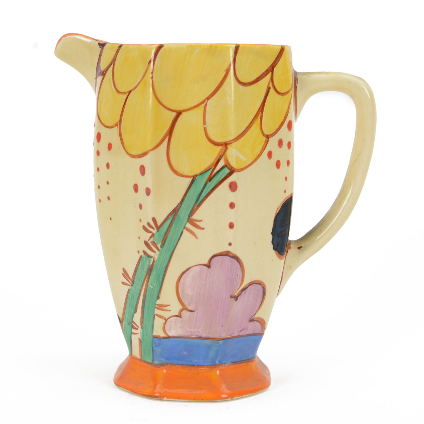 Clarice Cliff Summerhouse pattern, Athens shape jug, circa 1930, with printed Fantasque mark beneath, H16cm