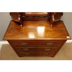  Edwardian walnut dressing chest, raised bevelled mirror, three long drawers, W92cm, H153cm, D40cm  