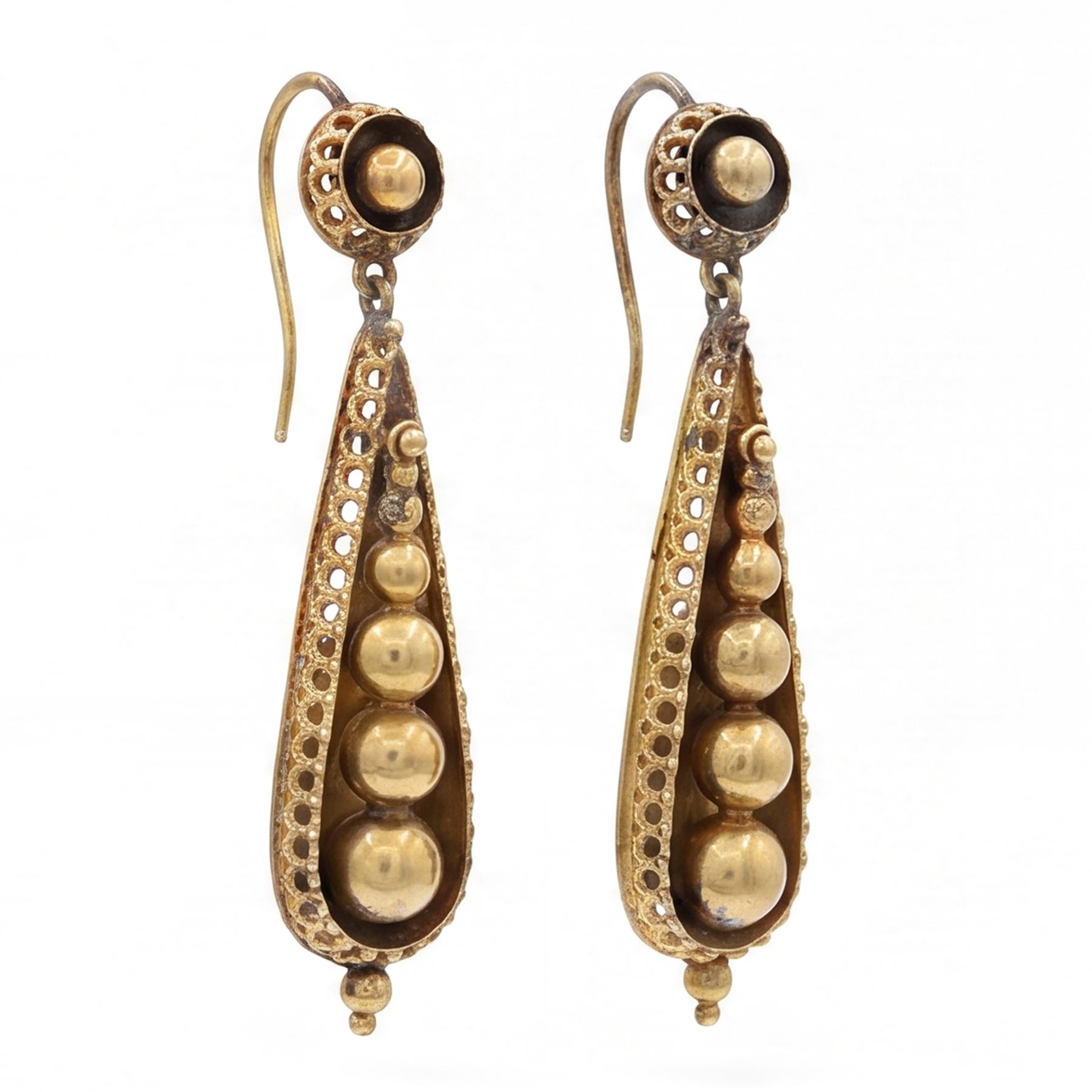Pair of 19th century gold bead pendant earrings, each set with five graduating beads suspended within a pear shape setting