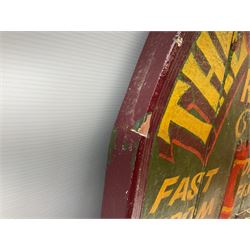 `The Grimsby-York Railroad Co.` painted wooden railway advertising sign 20th century, of planked construction with arched top and moulded border, decorated with an applied wood and metal image of an early steam locomotive in relief, the surrounding wording reading `The Grimsby-York Railroad Co., Fast Dispatch by Rail from Fish Curing Houses of Grimsby & Hull, Est. 1873, Daily Connections to Billingsgate`, 89 x 71cm
