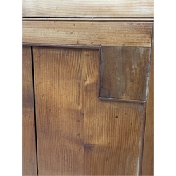 Large late 19th century sycamore corner cabinet, the top section with two astragal glazed doors enclosing two shaped shelves, the lower section enclosed by two panelled doors with square spandrels, W128cm, H215cm