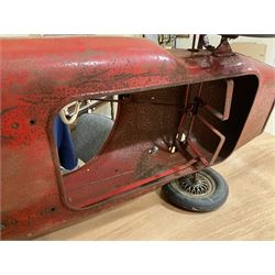 Tri-ang pressed steel Grand Prix Vanwall child’s pedal racing car, English 1960s, finished in red with racing No.3, original white plastic steering wheel, metal bucket seat, bonnet air intake, chrome plated side exhaust, chrome spoked wheels with chrome plated spinners, black solid rubber tyres L121cm W53cm H46cm)