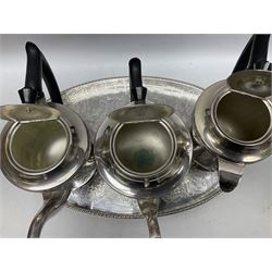 Viners of Sheffield silver-plate tea/coffee wares, the rims decorated with bands of flowers, and chased oval tray with swag decorated gallery, L39cm