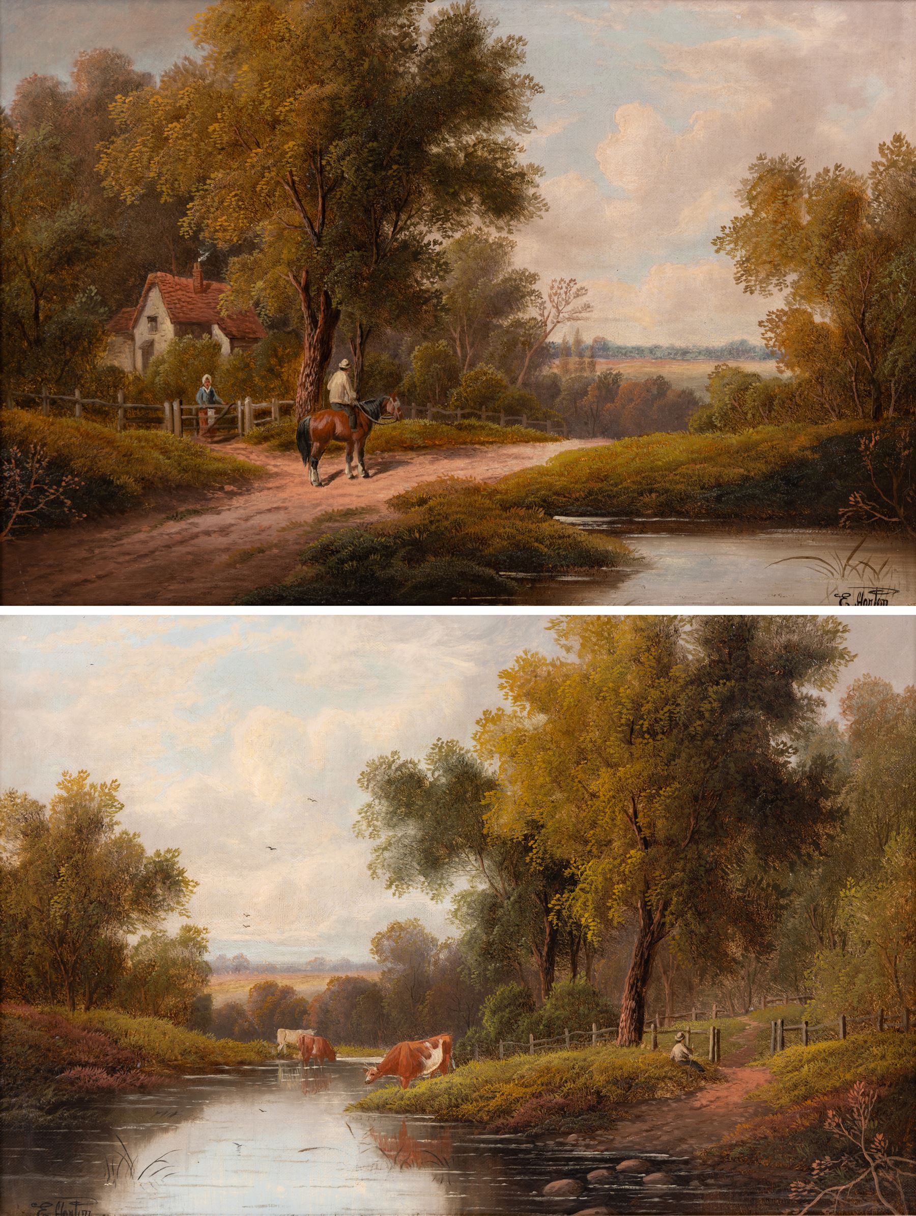 Etty Horton (British exh. 1892-1905): Rural Scenes with Figures and Cattle Watering, pair oils on canvas signed 39cm x 59cm (2)