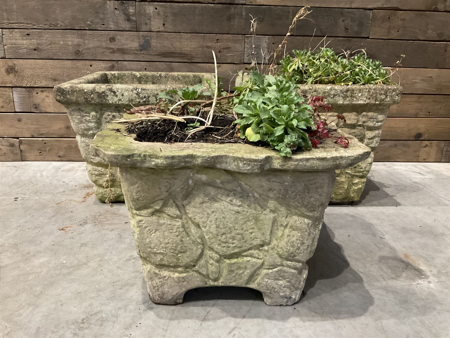 Pair of cast stone pattern tapering square planters, and a similar planter (3)