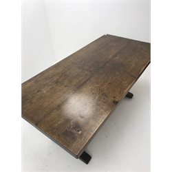  20th century oak refectory table, on two cup and cover baluster supports connected by stretcher, 169cm x 81cm, H78cm  