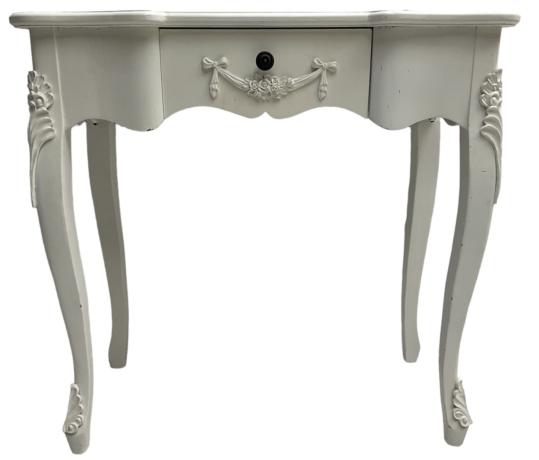 French design white painted console table, shaped top, fitted with single drawer with applied swag decoration, raised on cabriole supports decorated with foliate mouldings