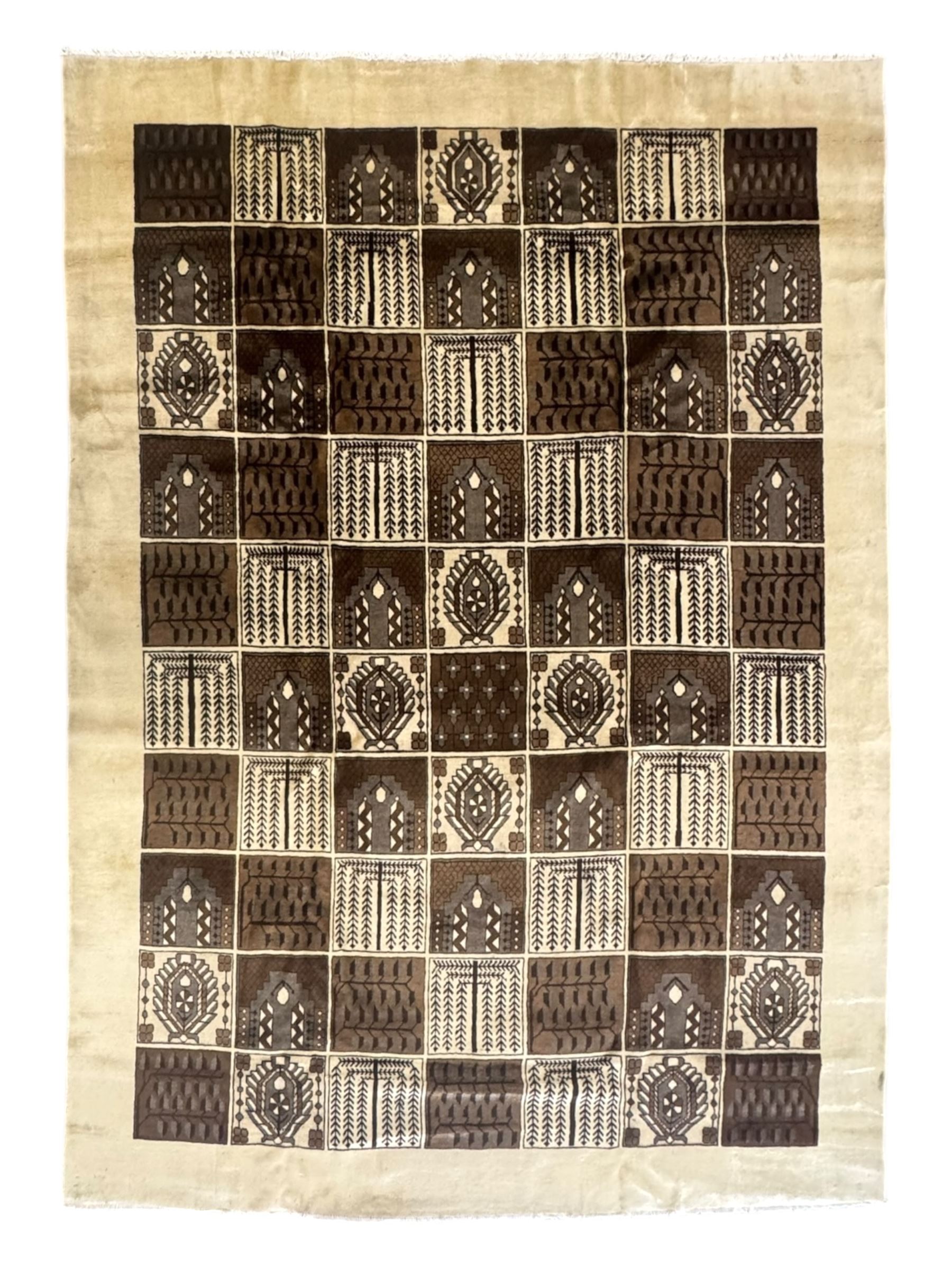 Mid-20th century Persian Bakhtiari rug, ivory ground with alternating dark brown and ivory panels featuring geometric and floral designs, bordered by a plain ivory band