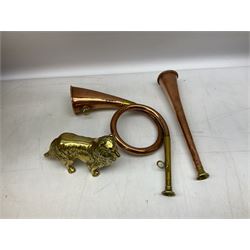 Brass and metalware, to include brass cast figure of a collie, two copper horns, pair of fire dogs, and fire tools etc 