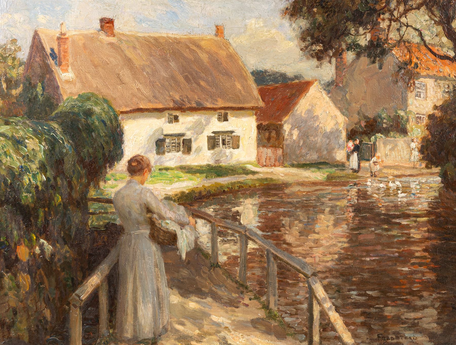 Frederick (Fred) Stead (British 1863-1940): Washerwoman at Beck Isle Cottage Thornton-le-Dale, oil on canvas signed 40cm x 52cm