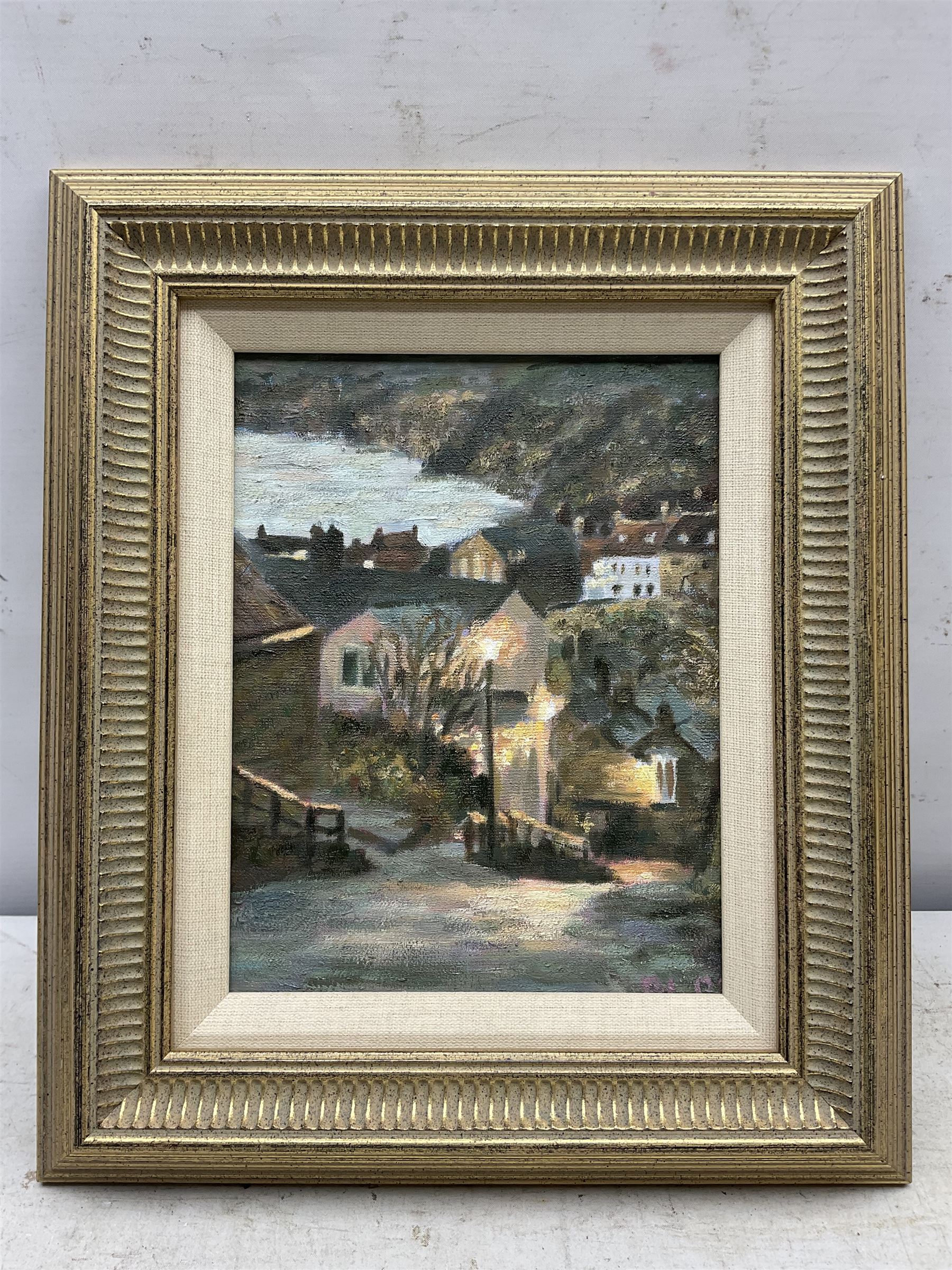 Peter Langley (British Contemporary): 'Morning Light - Robin Hood's Bay', oil on board signed with initials, titled and dated 2004 verso 21cm x 17cm