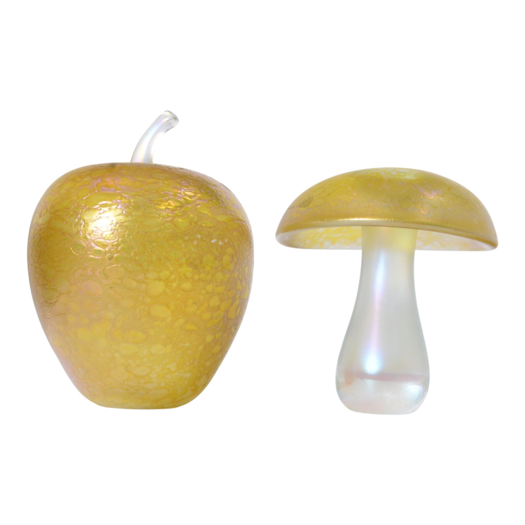 John Ditchfield for Glasform, two iridescent gold Art Glass paperweights, modeled as a mushroom and apple, apple H19cm