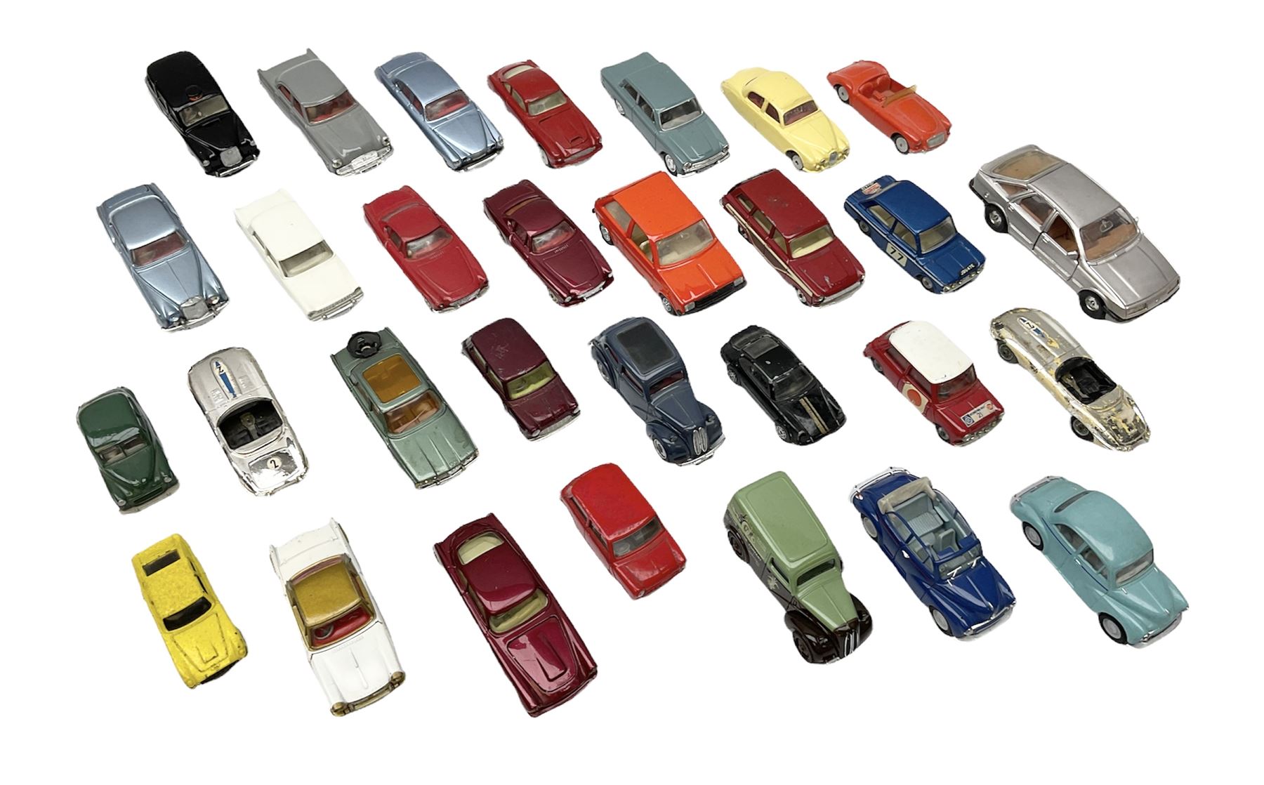 Corgi - thirty unboxed and playworn/repainted die-cast cars including Triumph Herald Coupe, BMC Mini-Cooper 'S', Porsche Carrera, two 'E' Type Jaguars, Rover 2000TC, three Morris Minors, two Aston Martin DB4, two Volvo P1800, MGA, Fiat 2100, Jaguar 2.4 Litre, Jaguar Mark X Saloon etc (30)