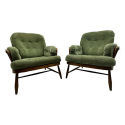 Ercol - mid-20th century three-piece suite, comprising two-seater sofa, upholstered in green fabric with teak frame, on splayed supports with stretcher (W142cm, D95cm, H87cm); with matching pair of armchairs (W82cm, D95cm, H87cm)