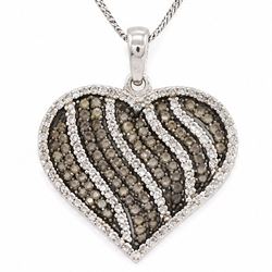 9ct white gold diamond heart pendant necklace, set with rows of round cut fancy light brown and white diamonds, hallmarked, total light brown diamond weight approx 0.75 carat, total white diamond weight approx 0.75 carat