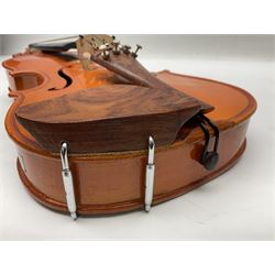 Three Stentor Student violins - three-quarter size with 33cm two-piece back; and two quarter size each with 28cm two-piece back; each in carrying case with bow (3)