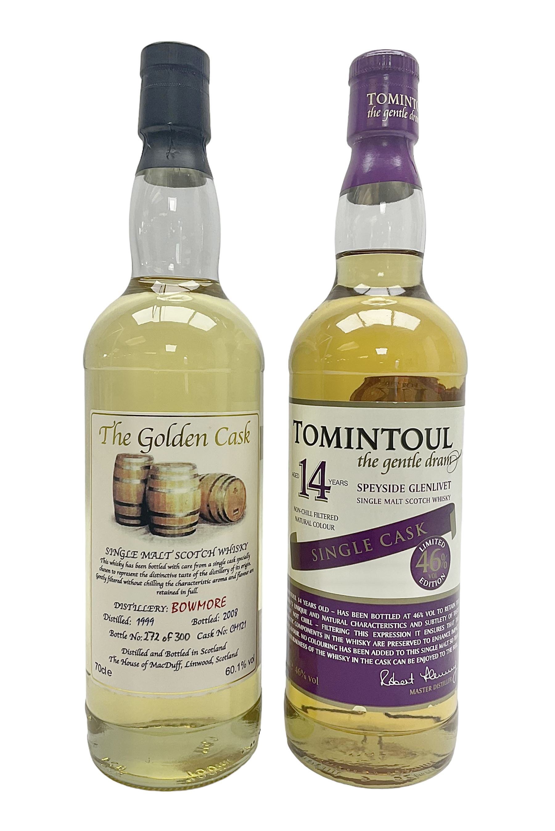 Bowmore, 1999 The Golden Cask Single Malt Scotch Whisky, 70cl 60% vol and Tomintoul 14 year Single Malt Whisky, 70cl 46% vol
