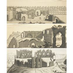 Samuel Buck (British 1696-1779) and Nathaniel Buck (British 18th century): 'West View of Codenor Castle in the County of Derby' 'East View of Dale Abby near Derby' and 'South View of Halton Castle in the County of Chester', set three 18th/19th century prospect map engravings originally pub. 1727 max 26cm x 45cm (3)
Provenance: English Heritage