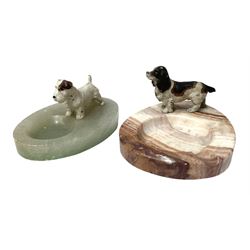 Green onyx ashtray mounted with a cold painted metal dog and another similar 