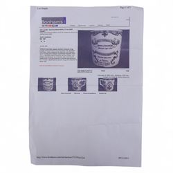 1920s transfer printed commemorative mug for Burnley Football Team English League Champions 1920-1921 season and English Cup Winners 1913-14 seson, printed in black, with portraits of Robert Kelly and 'Stick It Jerry' Dawson to the sides, bordered by scrolling and foliate decoration, H10cm