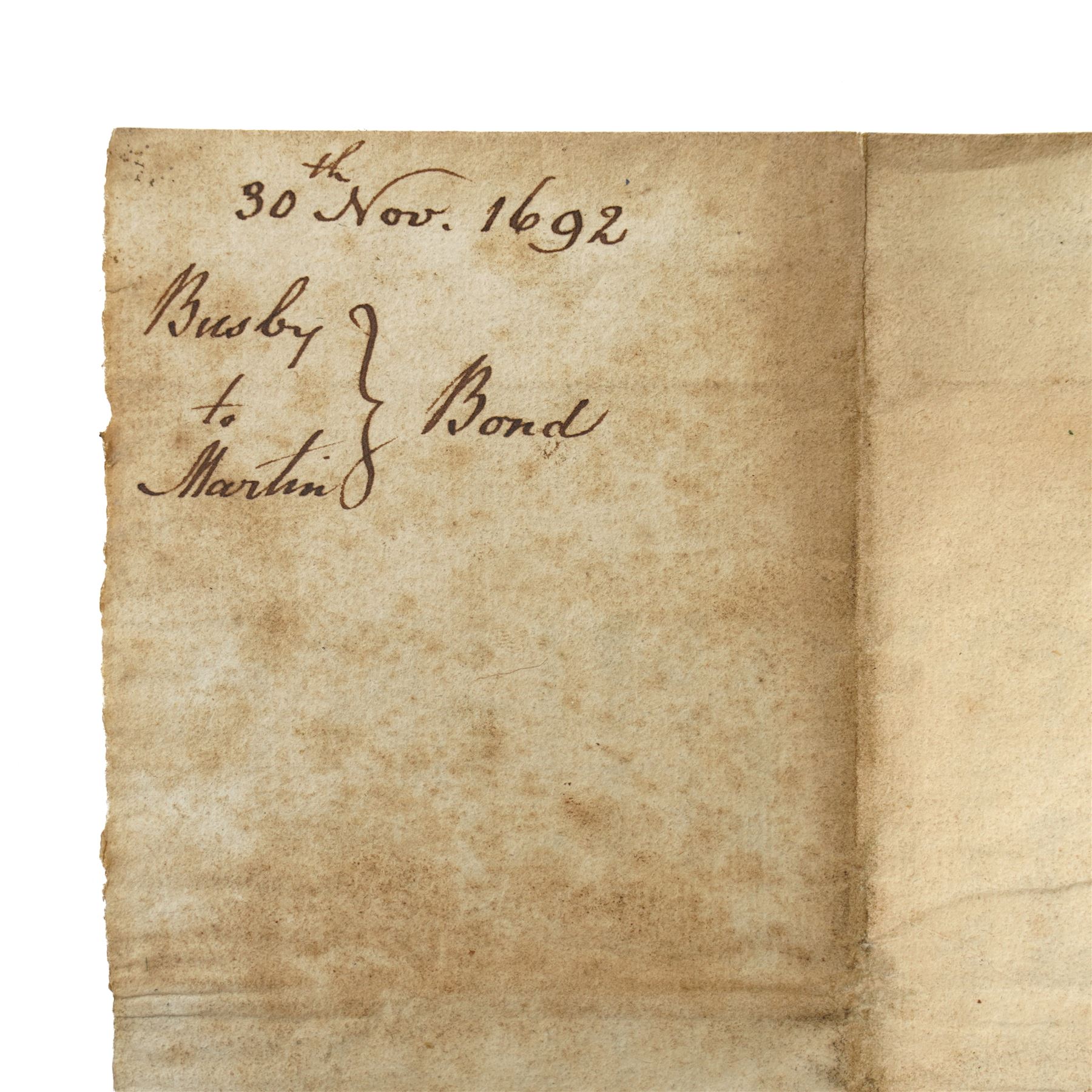 William and Mary period Obligation Bond between William Busby and Thomas Martin, with seal November 1692 approx 30cm x 19cm