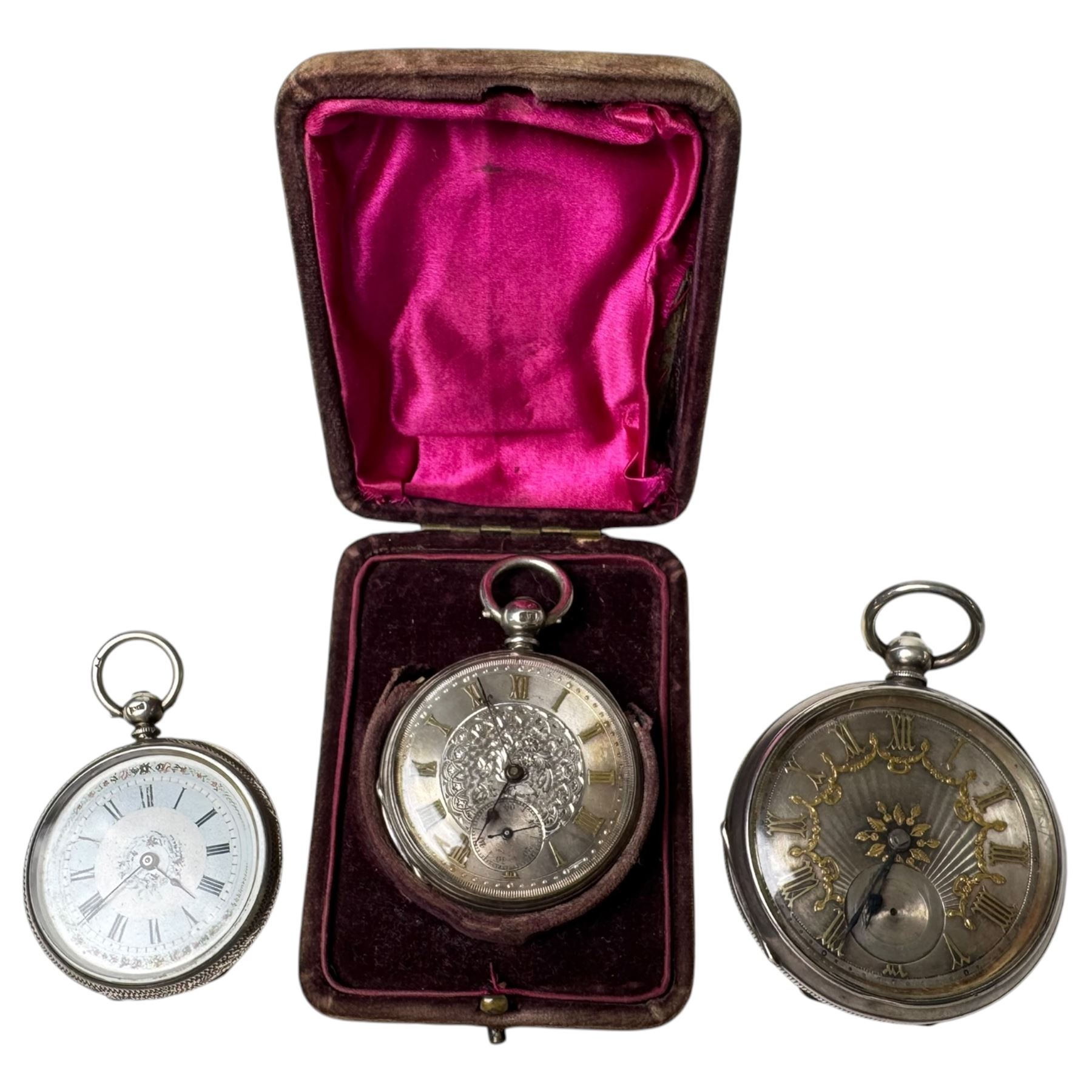 Silver fusee lever pocket watch by Wolfe, Sunderland, the case with London import mark 1926, one other silver lever pocket watch and a silver cylinder pocket watch