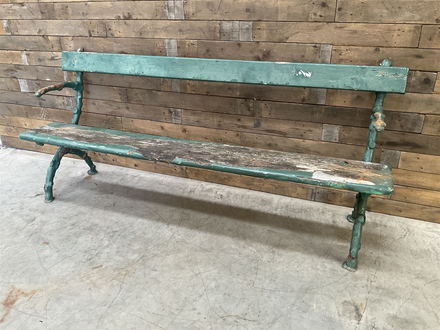 Early 20th century cast iron framed faux bois garden bench, timber seat and back rest