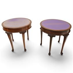 Pair of Victorian mahogany demi-lune card tables, the lunette shaped fold-over top enclosing purple-baize lined interior and supported by gate-leg action, banded frieze over cabriole supports with scrolling acanthus leaf knees, terminating to scrolled foliate feet
