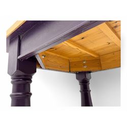 Late 20th century substantial pine refectory table, rectangular four-plank top over an indigo painted base featuring turned supports united by box stretchers