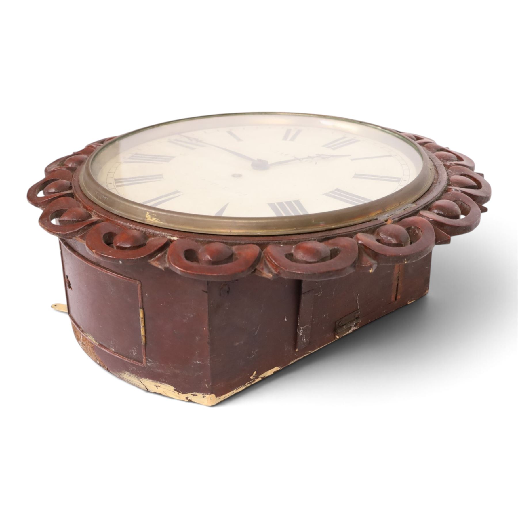 Mahogany wall clock, painted dial signed Johnson London , D42cm