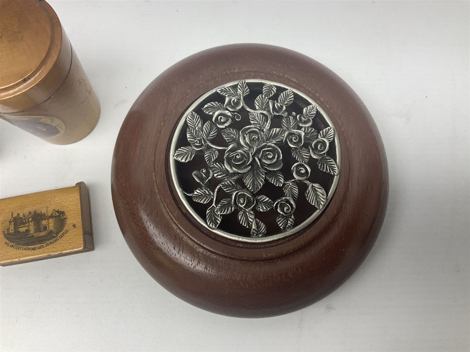 Two Mauchline ware boxes, comprising case modelled as a book depiciting The Ancient Entrance Gate, Stirling Castle, and lidded jar depicting Hythe Church, The Crypt, together with Russian lacquer box and other wood pot pourri bowl