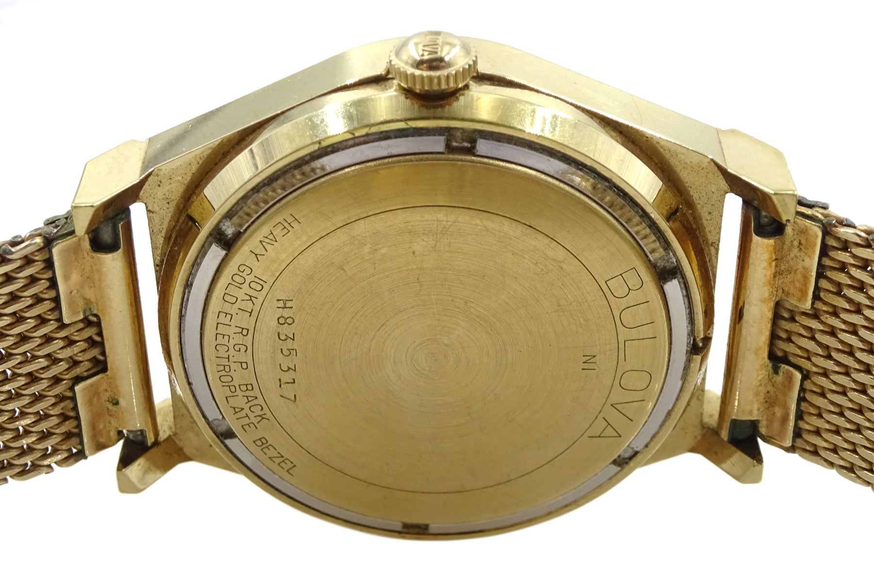 Bulova Sea King gentleman's automatic gold-plated wristwatch, back case No. H835317, with day/date aperture and whale motif, on Lenox gilt strap