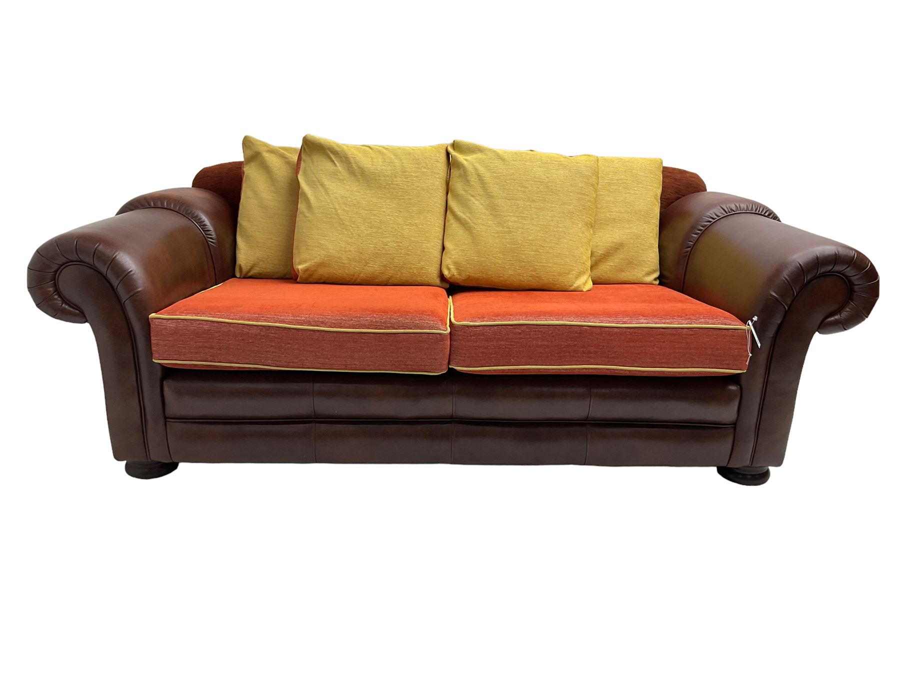 Gainsborough Lounge Suites - three piece leather and fabric lounge suite - pair two seat sofas (W225cm, H82cm, D105cm), and matching armchair (W88cm), on turned front feet with scatter cushions
