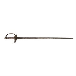 British Georgian Officers Sword, with 83cm double edged fullered blade engraved with with motifs and Osborn along with Warranted, with brass heart shaped guard and faux wire bound grip, with scabbard with twin suspension rings, overall length 100cm