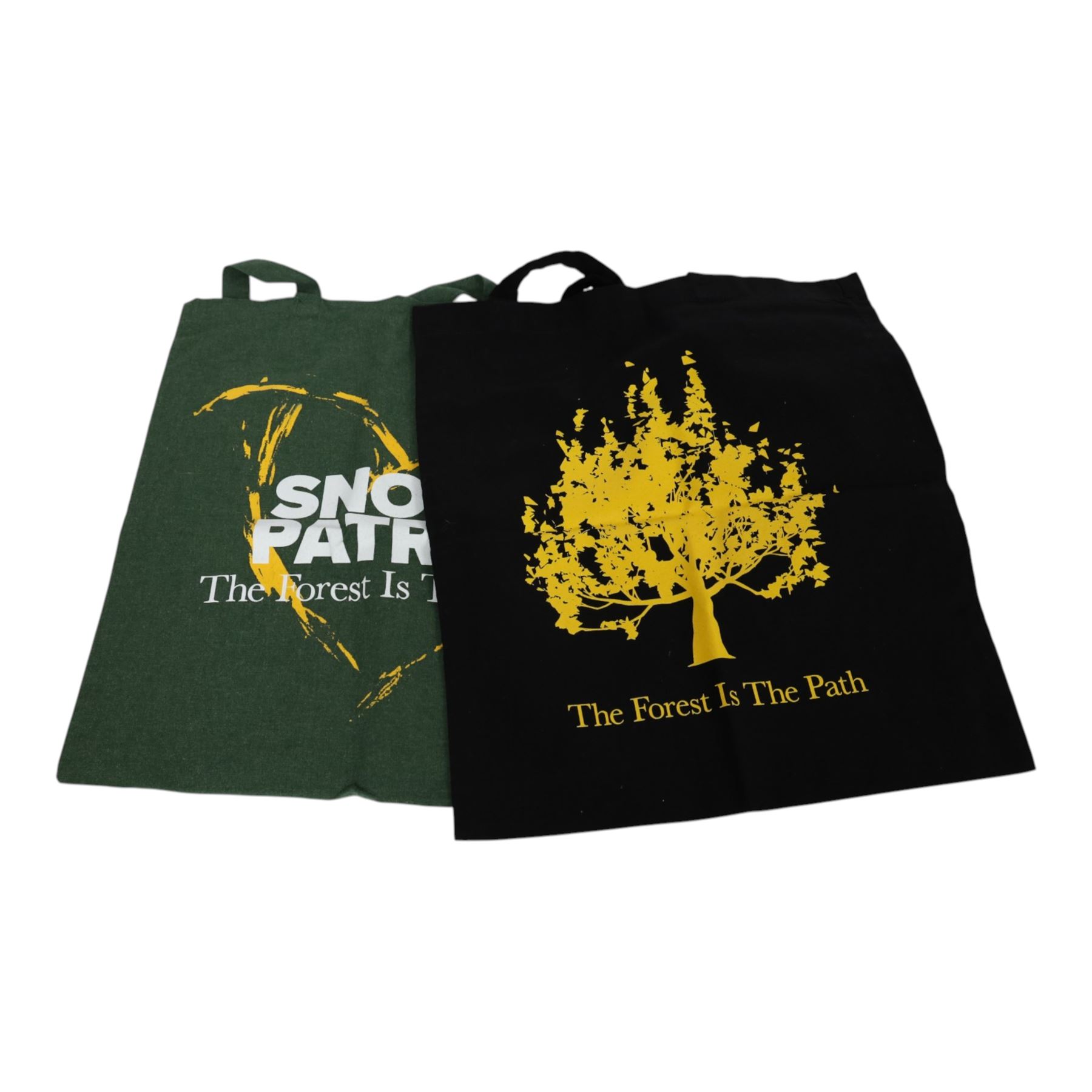 Snow Patrol memorabilia, including 'The Forest is the Path' book, art card and CD cover the book signed by  Gary Lightbody and the others signed by Gary Lightbody, Johnny McDaid and Nathan Connolly, together with Fallen Empires tour programme, tour advert, two tote bags, enamel pins, cassette and framed Chasing Cars gold coloured CD with printed signatures