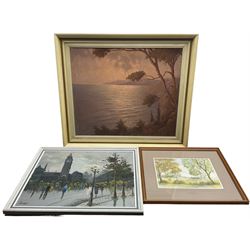 J Andre (20th century): Mediterranean Sunset, oil on canvas signed; Parisian Street, oil on canvas, and a 20th century landscape watercolour (3)
