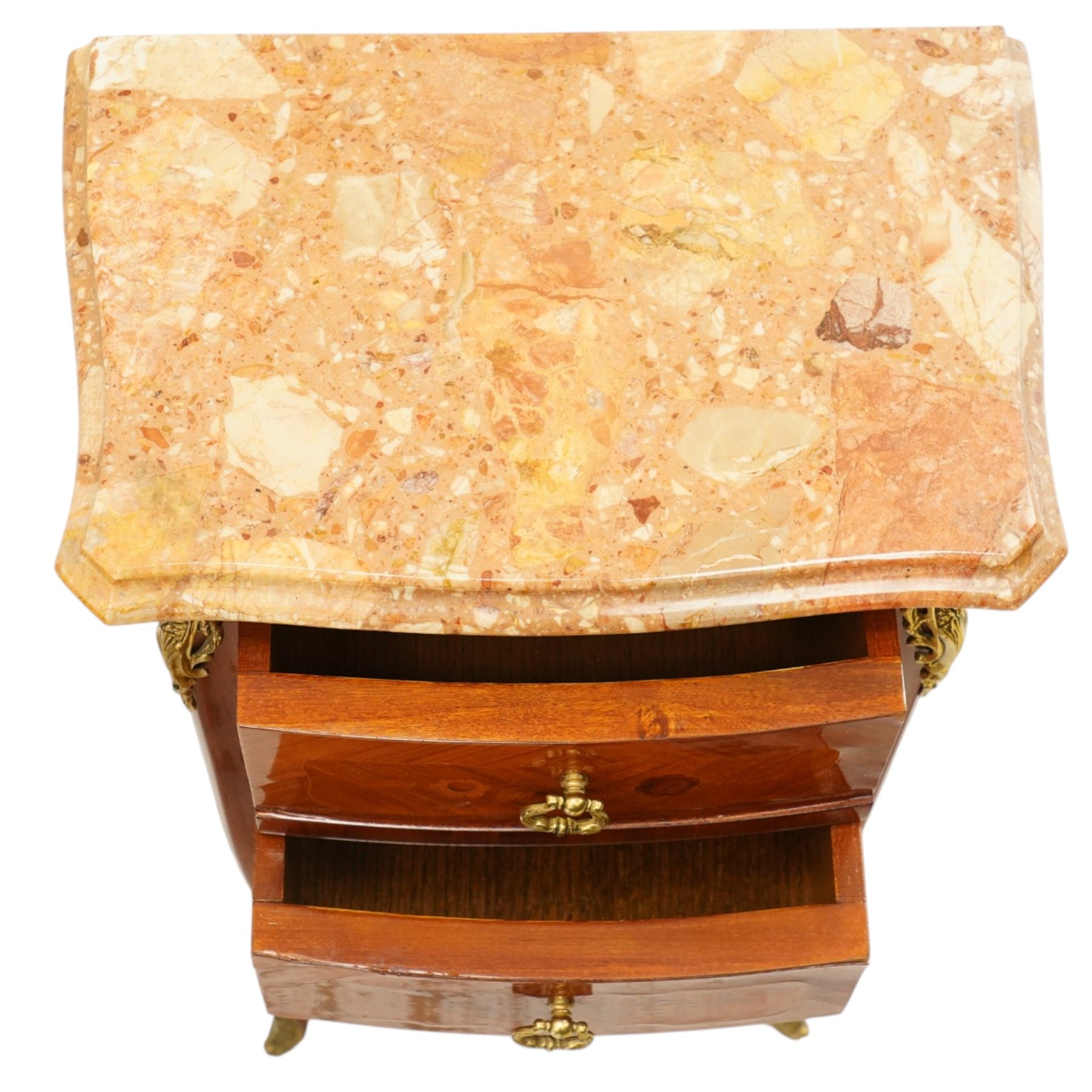Pair of French inlaid kingwood marquetry bedsides, the shaped marble top over two drawers flanked by gilt metal rocaille mounts, raised on tapering cabriole supports