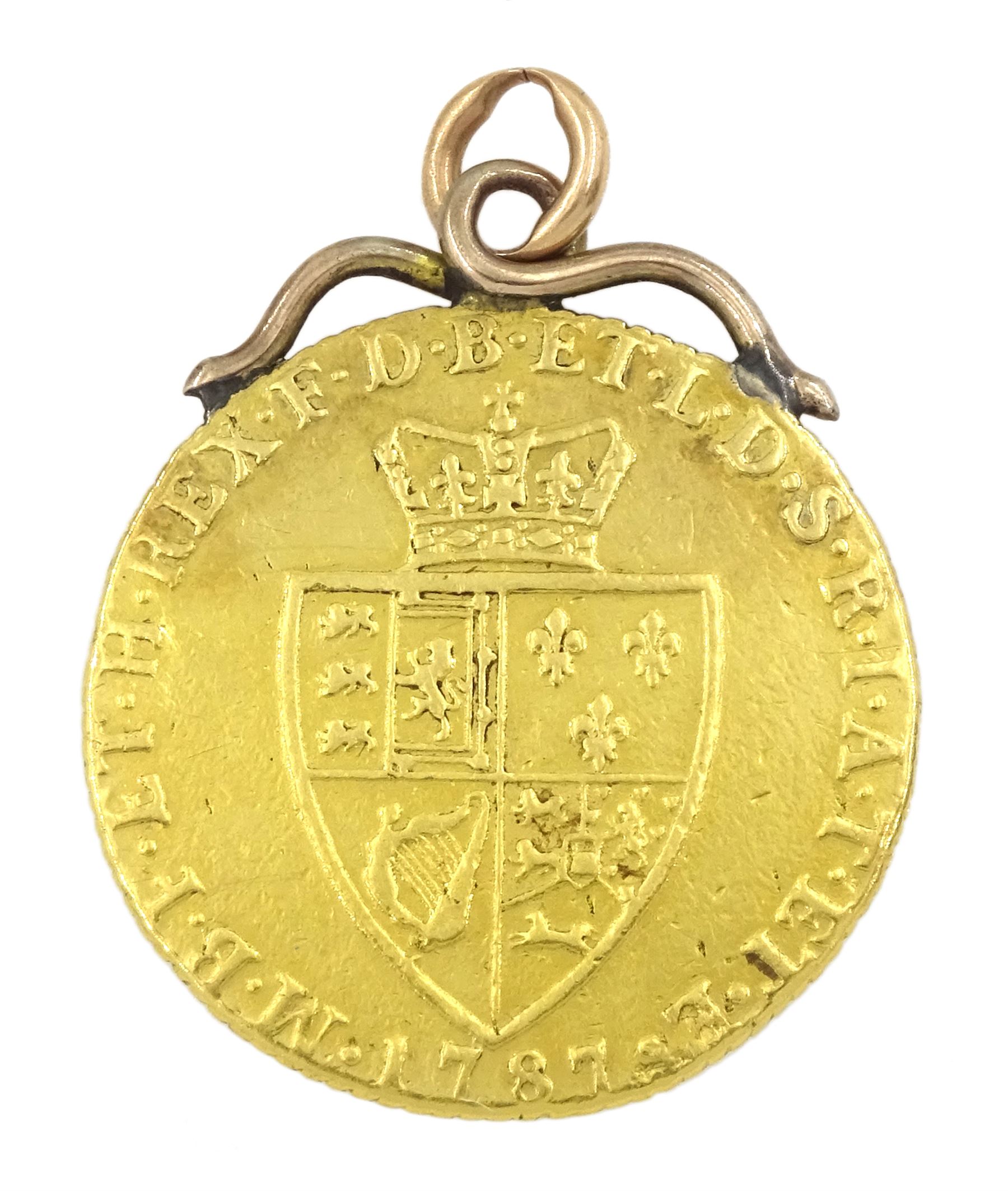 George III 1787 gold spade guinea coin, with soldered 9ct gold mount