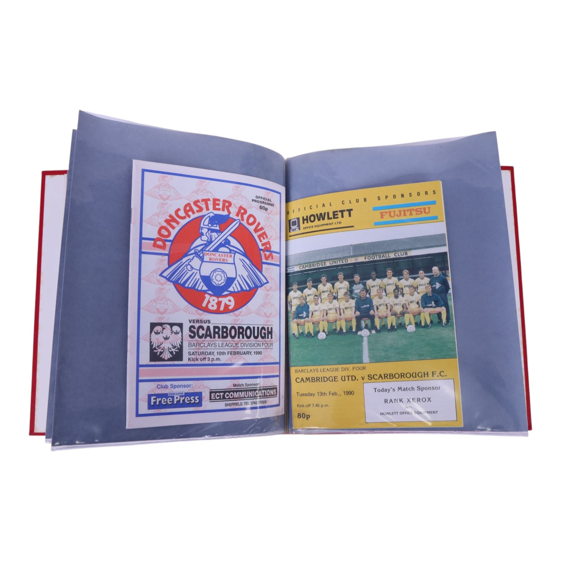 Comprehensive collection of approximately one-hundred and ninety Scarborough FC football programmes for the 1979/80, 1980/81 and 1981/82, 1982/83 seasons, all filed within eight dedicated Scarborough FC red Home and Away binders