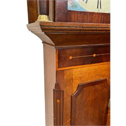 Musson of Louth - mid-19th century oak and mahogany 8-day longcase clock, with a swan’s neck pediment and ball and spire brass finial, break arch hood door flanked by reeded pilasters with brass capitals, canted angled trunk, flat topped door with concave corners, rectangular plinth on bracket feet, fully painted break arch dial with Roman numerals and minute track, subsidiary seconds dial and calendar aperture, matching stamped brass hands, eight day rack striking movement with anchor escapement. With weights and pendulum.
H206 W44 D23
Balthazar Musson from Baden (Germany) is recorded as working in Louth from 1835, naturalised 1861-8. Succeeded by his son, George Balthazar 1872-1920. 
